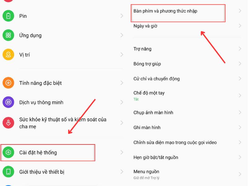 Mở cài đặt, chọn bàn phím và phương thức nhập