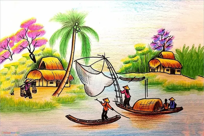 Tranh vẽ tự do lớp 7 chủ đề thiên nhiên với cảnh núi non và dòng sông uốn lượn